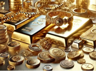 Shiny gold coins and jewelry with Diwali lamps, representing record gold prices influencing Dhanteras purchases.