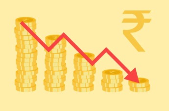 Indian rupee notes with USD coins and stock market graph showing currency fluctuations.