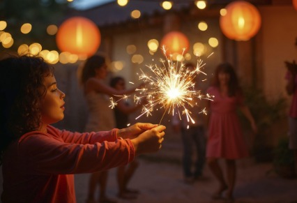 Family celebrating Diwali with fireworks safely, wearing protective gloves and using a bucket of water nearby.