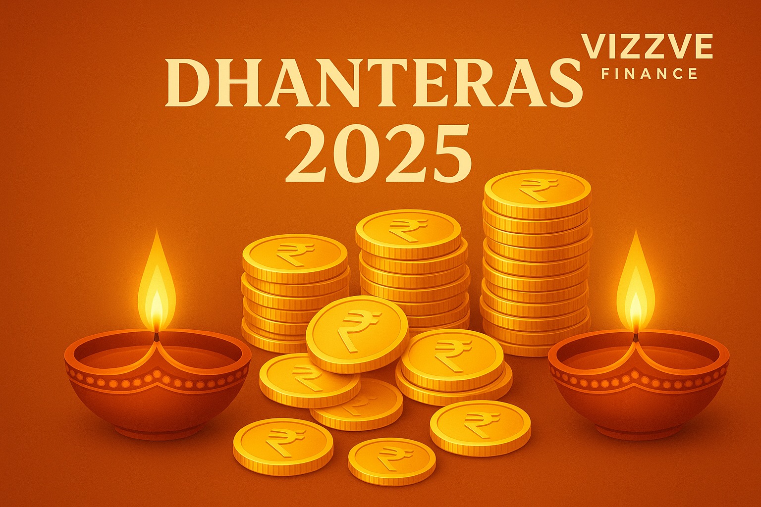 Golden coins and diyas representing wealth and prosperity for Dhanteras 2025.
