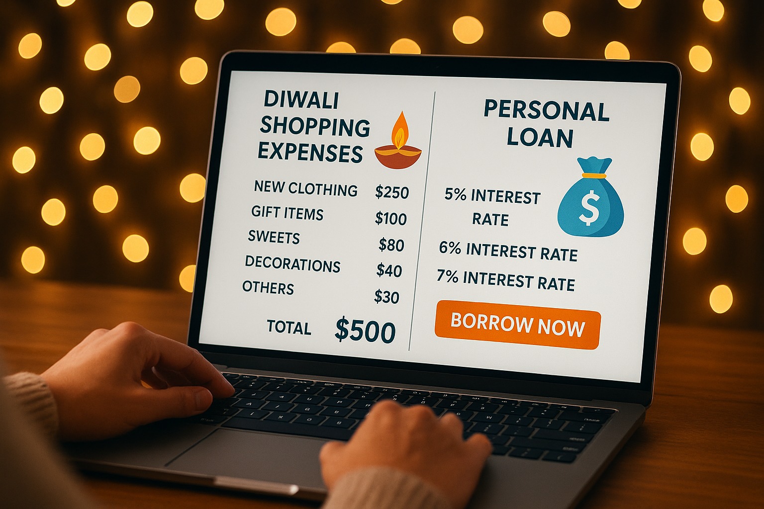 Person comparing Diwali shopping expenses and personal loan options on a laptop with festive lights in the background.
