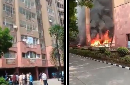 Smoke rising from apartments in Delhi after a massive fire at Rajya Sabha MPs’ residential complex.