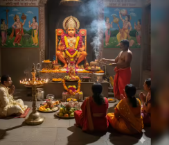 Devotees performing Hanuman Puja with diyas and flowers on Chhoti Diwali 2025.