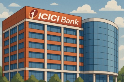 ICICI Bank headquarters with investors reviewing quarterly results.