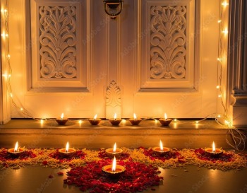 Diwali home entrance decorated with diyas and rangoli.