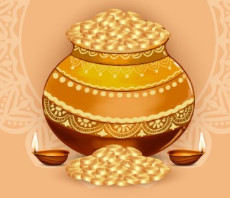 Diwali 2025 celebration with coins, gold, and diyas on a festive tray.