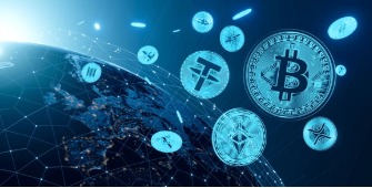 Illustration of cryptocurrency coins and blockchain network.