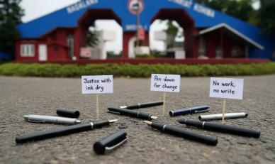 Government employees holding placards during a pen-down strike in Nagaland offices, symbolizing administrative protest and worker unity