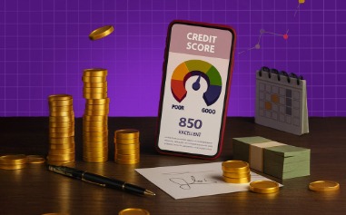 Bank officer reviewing loan application documents with a credit score chart overlay — representing loan approval process