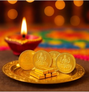 Gold coins and jewelry displayed with Diwali lamps in background, representing gold price surge during Diwali 2025