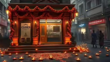 Bank closed for Diwali 2025 with festive lamps and coins in foreground — symbolizing impact of Diwali holidays on financial transactions