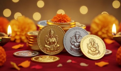 Gold and silver coins and jewelry displayed for Diwali Lakshmi Puja 2025 with city-wise prices