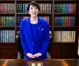 Takaichi addressing media as Japan’s first woman Prime Minister after forming coalition government