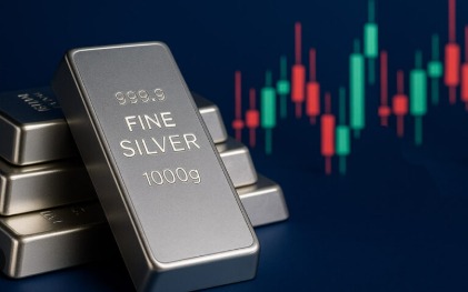 Silver bars on market desk showing sharp 8% drop after record rally with charts in background