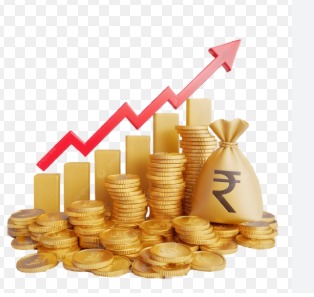 Gold bars and coins with stock market charts showing sharp upward trend