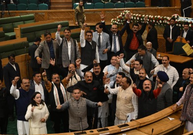 Jammu & Kashmir Assembly building with National Conference and BJP flags