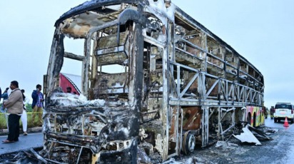 Rescue operations at the site of Kurnool bus accident with emergency personnel