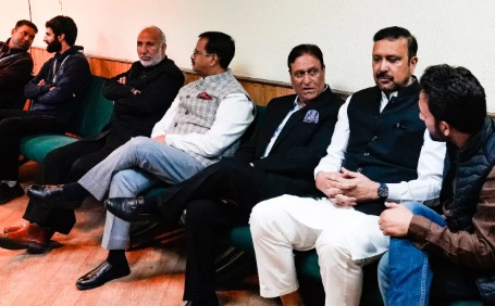 National Conference leaders celebrating Rajya Sabha election wins in Jammu & Kashmir.