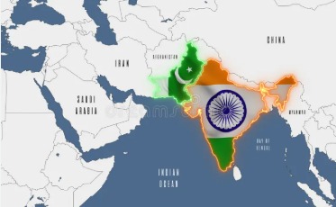 Map of South Asia highlighting India and Pakistan with military symbols.