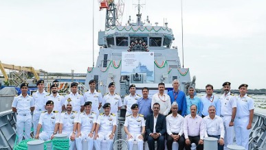 INS Mahe docked at a naval port after induction into the Indian Navy.