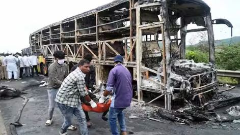 “charred remains of private sleeper bus after Kurnool fire”