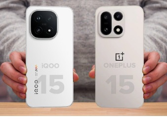 OnePlus 15 and iQOO 15 smartphones side by side showcasing display design.