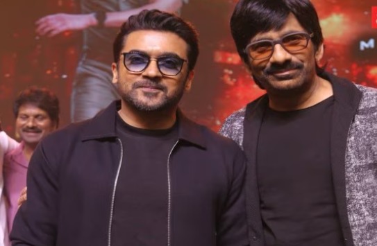 Surya and Ravi Teja at Mass Jathara pre-release event sharing stage moments