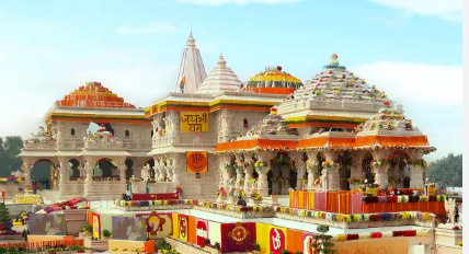 View of Ayodhya Ram Temple under construction with devotees and donation banners in the background