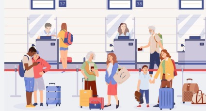 Traveler using a credit card at airport check-in counter with luggage in background