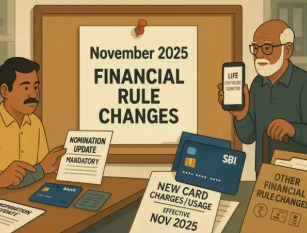 Bank customer reviewing new nomination options at account desk; Aadhaar card and credit card show financial rule changes from November 2025