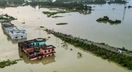 Bihar flood river scene and infrastructure development concept