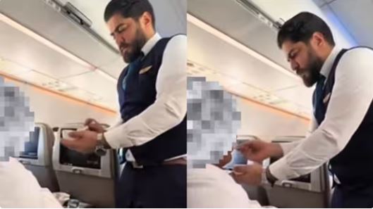 Saudia Airlines crew member feeding elderly passenger showing humanity and kindness
