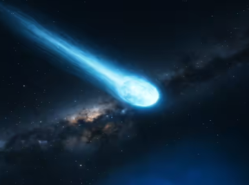 Interstellar comet 3I/ATLAS appearing with a bright blue glow in space.