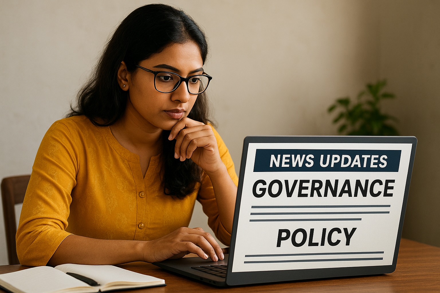 Indian blogger analyzing governance news updates and policy headlines for content ideas
