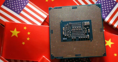 Chinese cargo containers and semiconductor chips symbolizing trade tensions between China and the US
