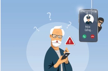 Illustration of a smartphone with merged calls showing a fake bank officer and a victim, symbolizing the call merging scam
