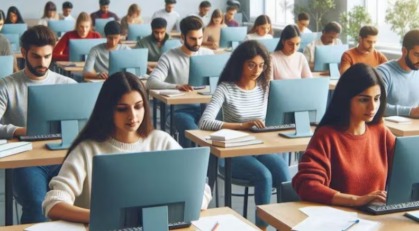 Students checking ICAI CA exam results online on a laptop, showing excitement and relief.