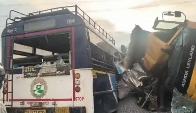 Scene of a road accident in Telangana where a truck collided with a bus, killing 16 and injuring 8 people.