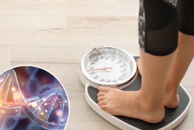 Illustration showing DNA strands and human body silhouette symbolizing how genes influence metabolism and weight loss.