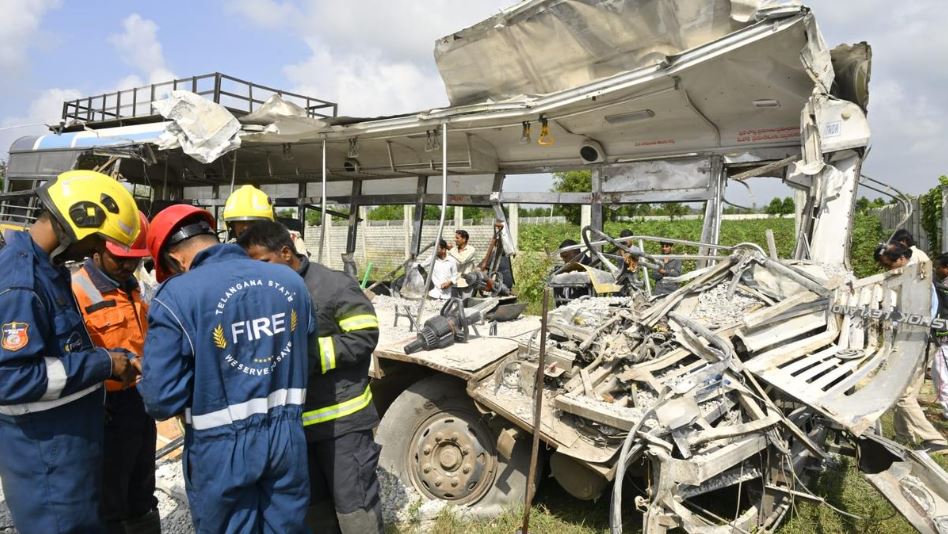 Telangana Chevella accident scene showing RTC bus and tipper lorry collision aftermath