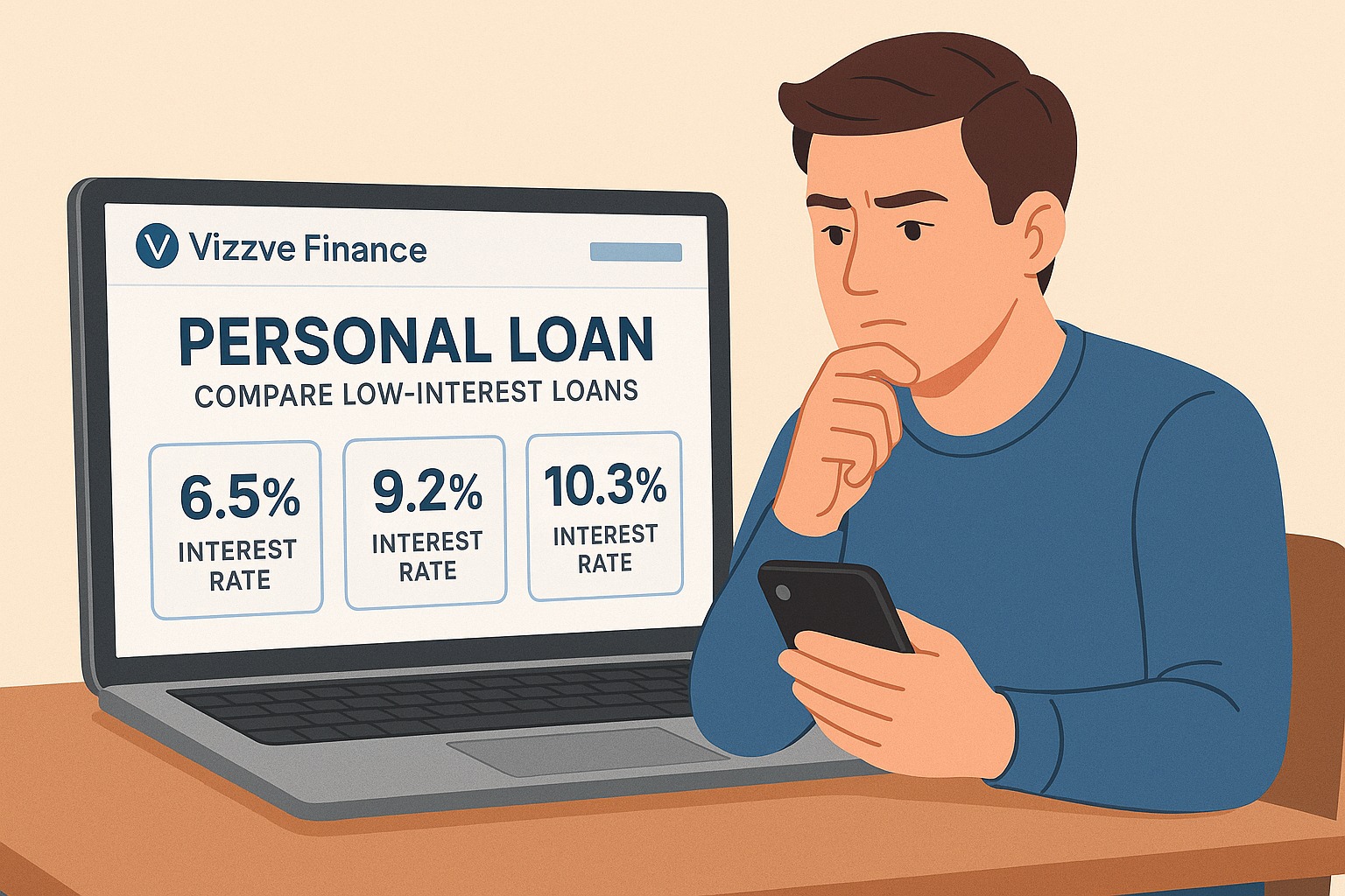 Person comparing low-interest personal loan offers on the Vizzve Finance platform.