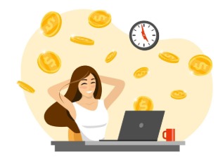 Person calculating investment returns using personal loan funds on laptop with Vizzve Finance logo in background.