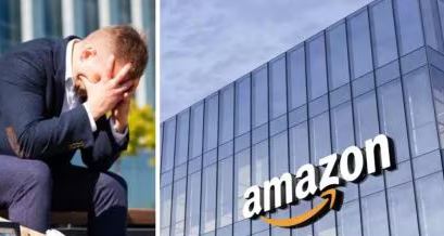 Amazon office building exterior representing corporate layoffs and restructuring announcements.