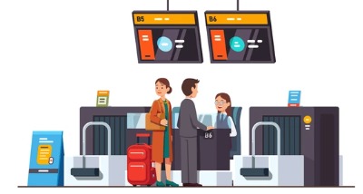 Passengers at an airport check-in counter reviewing flight tickets and new cancellation policies