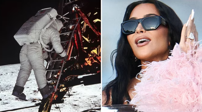Kim Kardashian discussing Moon landing controversy while NASA responds with scientific clarification