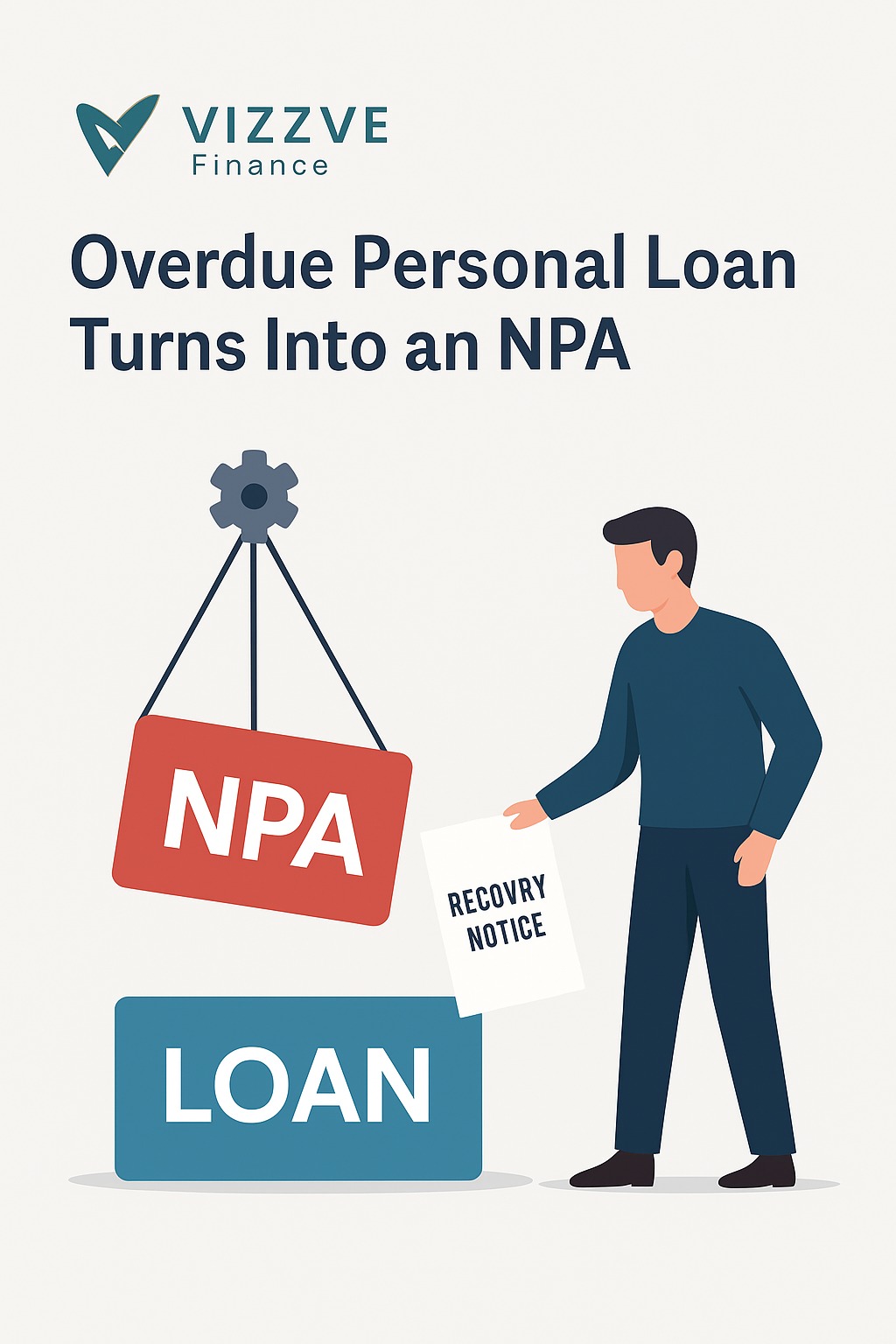 Illustration showing overdue personal loan turning into NPA and borrower receiving recovery notice