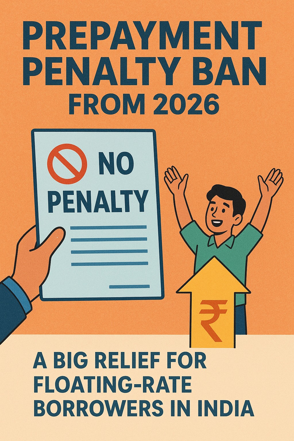 Illustration showing a borrower happily closing a loan document marked “No Prepayment Penalty” with 2026 written on a calendar