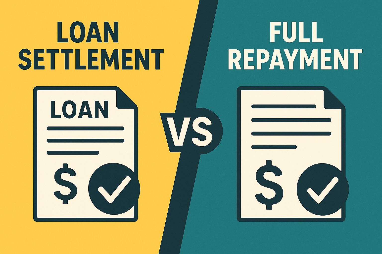 Illustration showing a borrower comparing loan settlement and full repayment options with Vizzve Finance branding
