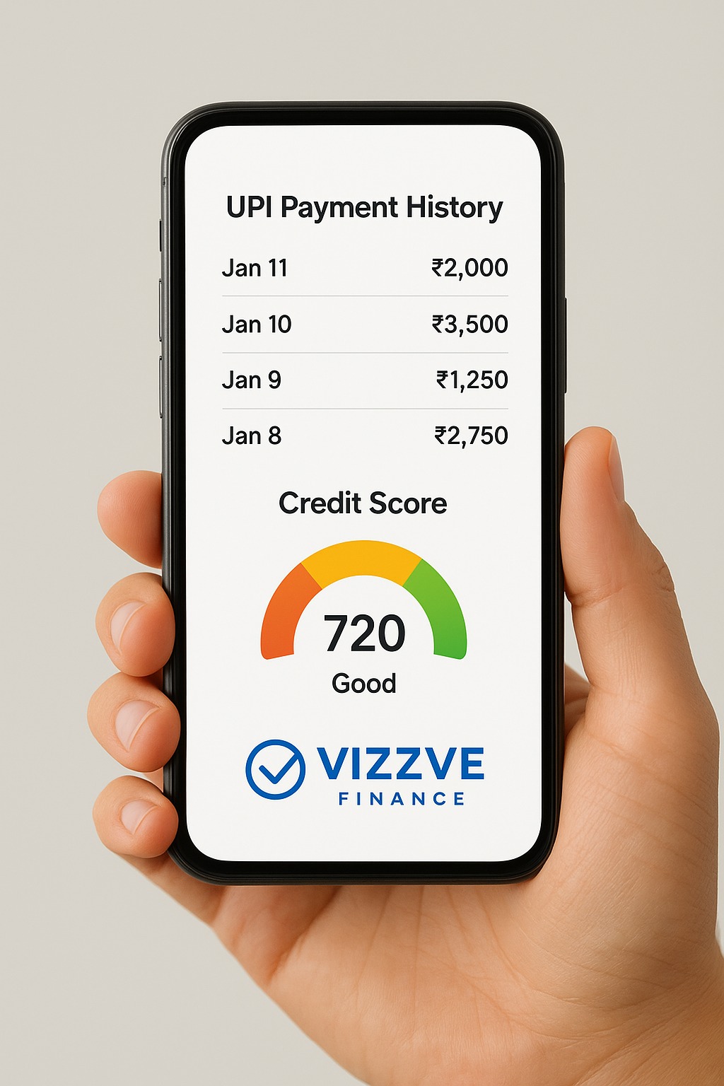 Smartphone showing UPI payment history and credit score review by a lender with Vizzve Finance logo