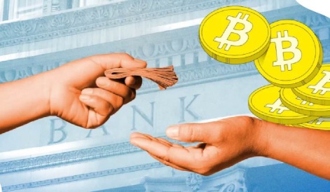 Illustration of cryptocurrency coins being used as collateral for a loan, symbolizing India’s uncertain crypto regulation.